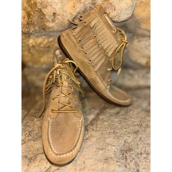Sperry Shoes - SPERRY Gold Sheen Suede Tiered Studded Fringe Ankle Lace Up Moccasins Shoes 8.5